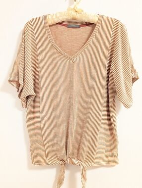 Gyft Copper and White Striped V-Neck Tie-Front Top